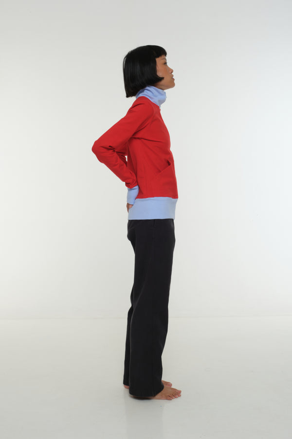 New Zip Jacket in red with pastel blue rib