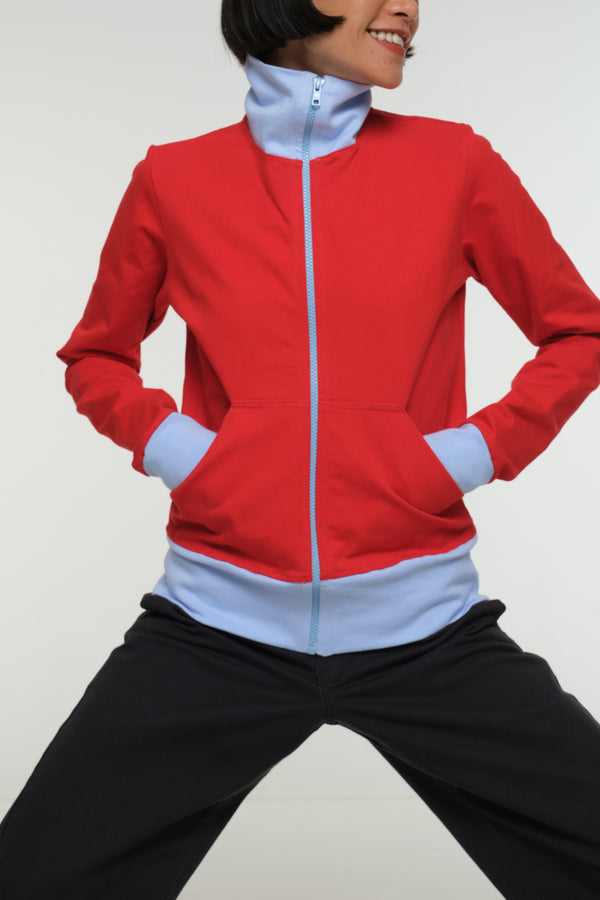 New Zip Jacket in red with pastel blue rib