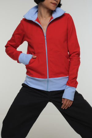 New Zip Jacket in red with pastel blue rib