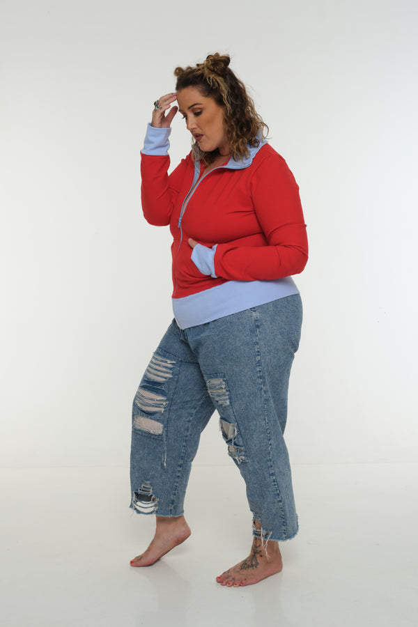 New Zip Jacket in red with pastel blue rib
