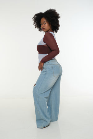 Mesh Top long sleeve in Sky and Pecan and Sky