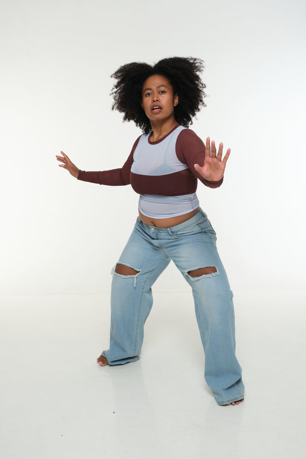 Mesh Top long sleeve in Sky and Pecan and Sky