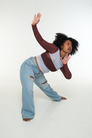 Mesh Top long sleeve in Sky and Pecan and Sky
