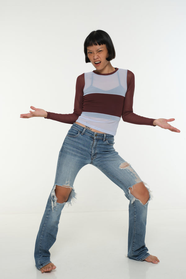 Mesh Top long sleeve in Sky and Pecan and Sky