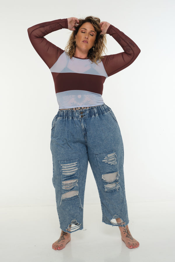 Mesh Top long sleeve in Sky and Pecan and Sky