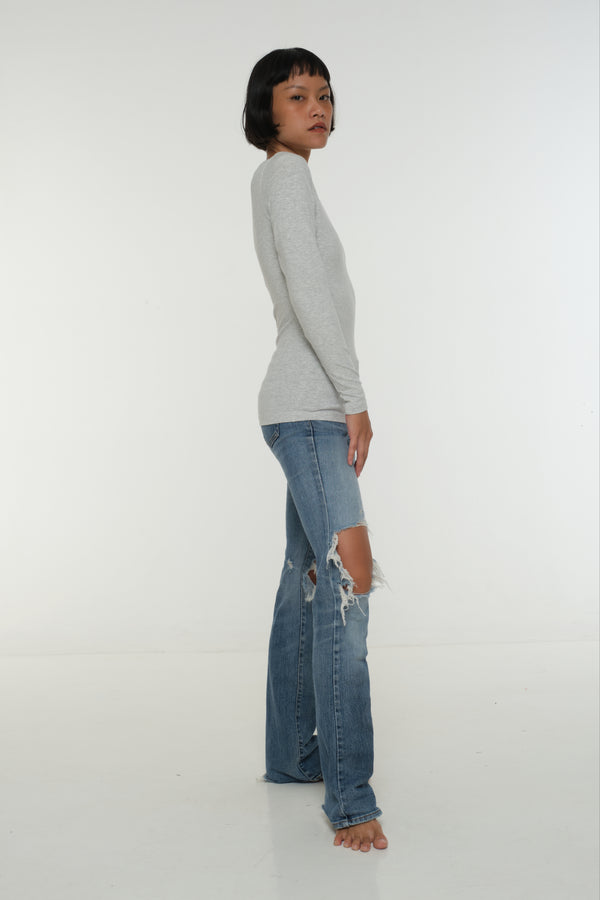 Soft Life Boat Neck Full Length Top in Ecovero in Grey Marl