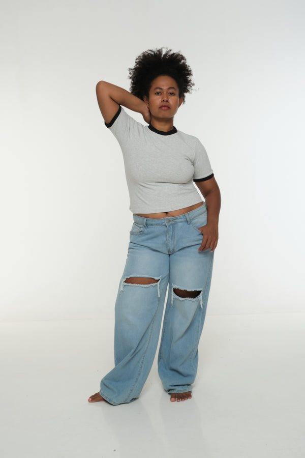 Soft Life Core Tee Mid Crop Ecovero i Top in Grey/ Marl and Black rib