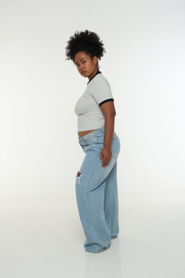 Soft Life Core Tee Mid Crop Ecovero i Top in Grey/ Marl and Black rib