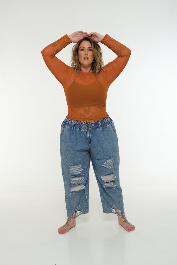 Mesh Top long sleeve in Pumpkin
