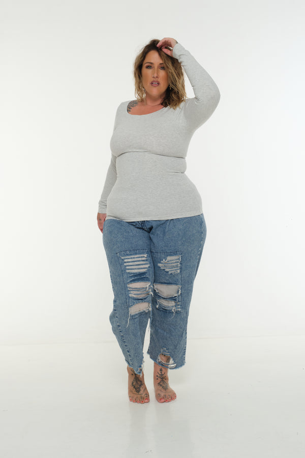 Soft Life Boat Neck Full Length Top in Ecovero in Grey Marl