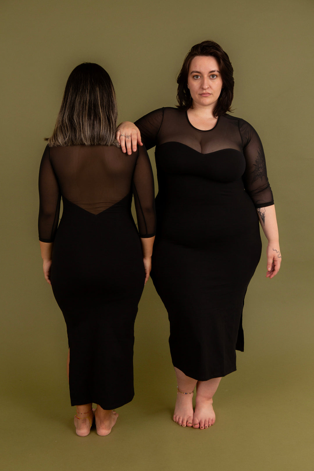 Kupu Long Sleeved Midi Dress in Black and Mesh- Petite