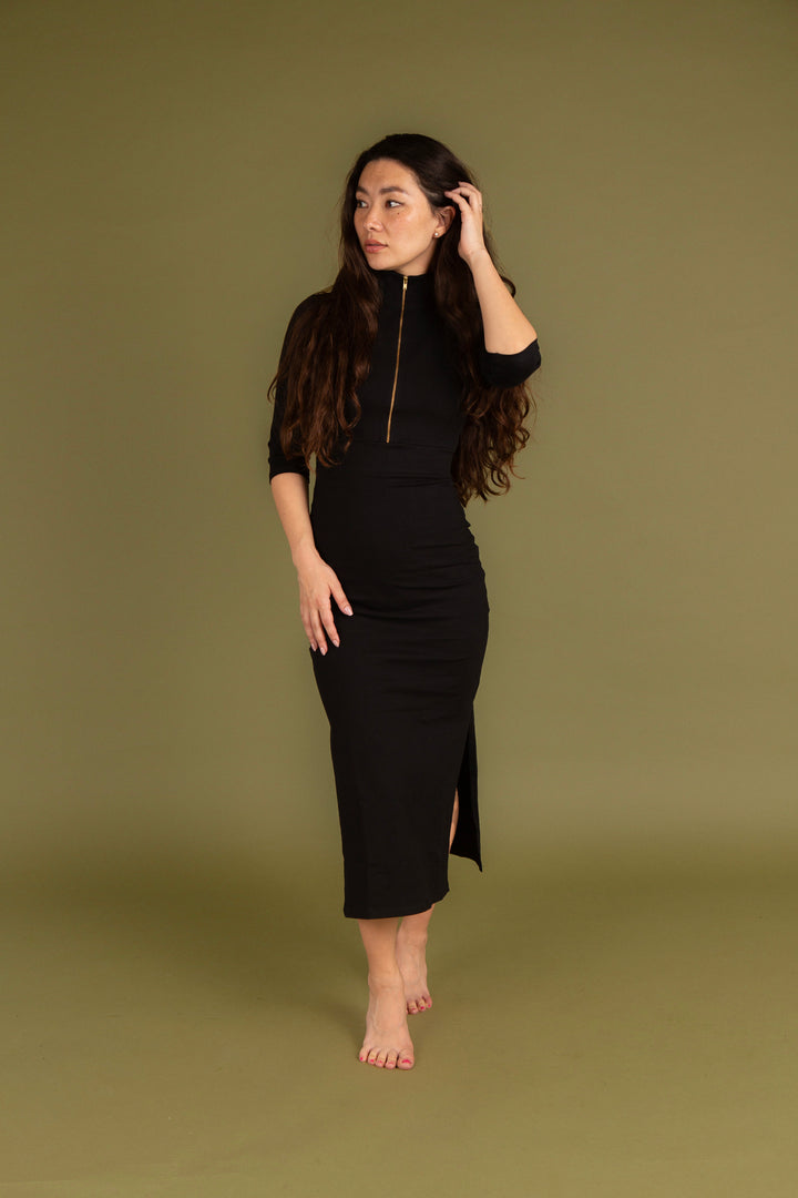 Zip Dress 3/4 Sleeve Midi in Black