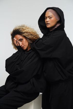 Oversized Balloon Hoodie with Zip in Black