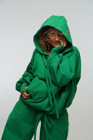 Oversized Balloon Hoodie with Zip in Grass Green