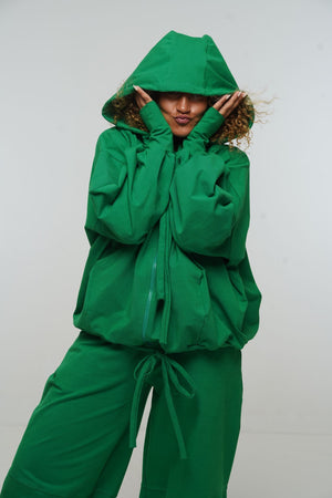 Oversized Balloon Hoodie with Zip in Grass Green