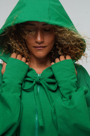 Oversized Balloon Hoodie with Zip in Grass Green