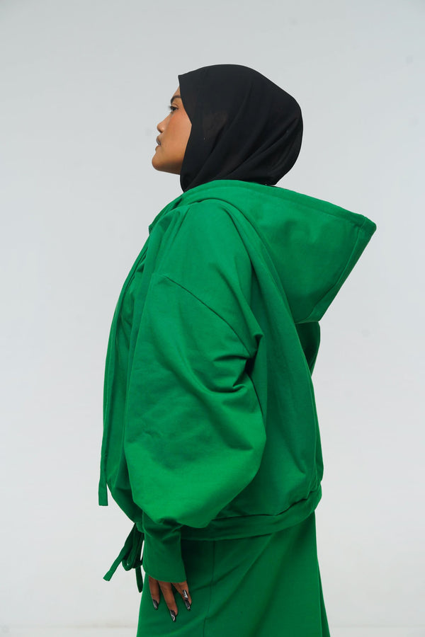 Oversized Balloon Hoodie with Zip in Grass Green