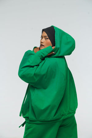 Oversized Balloon Hoodie with Zip in Grass Green