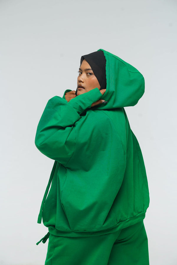 Oversized Balloon Hoodie with Zip in Grass Green