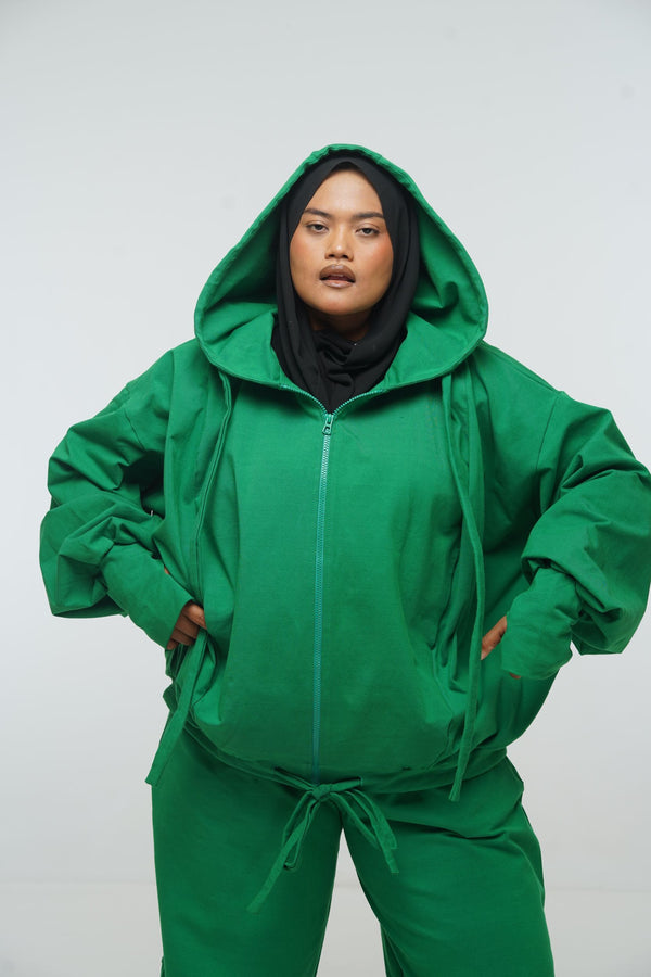 Oversized Balloon Hoodie with Zip in Grass Green