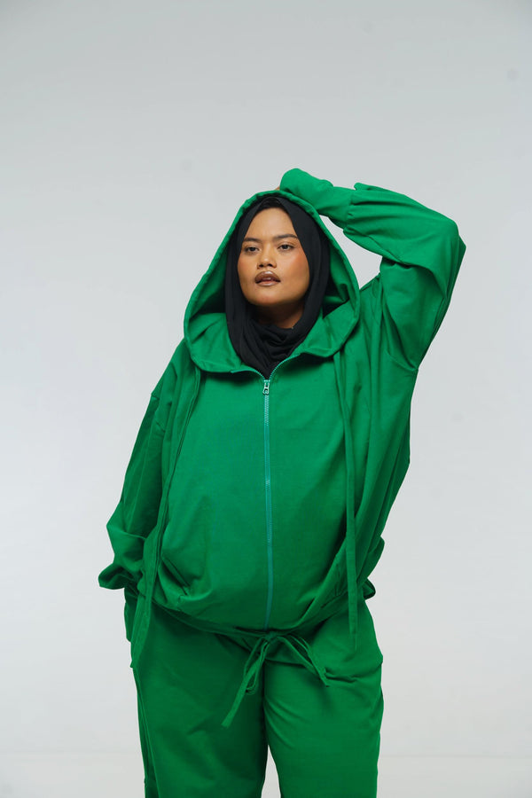 Oversized Balloon Hoodie with Zip in Grass Green