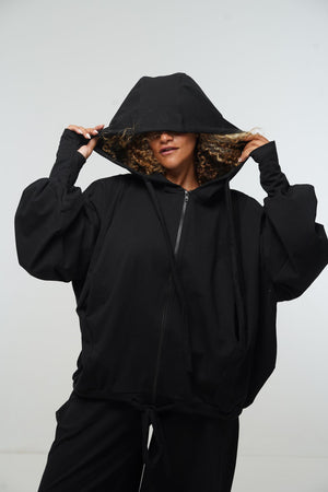 Oversized Balloon Hoodie with Zip in Black