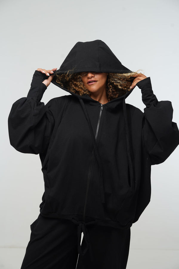 Oversized Balloon Hoodie with Zip in Black