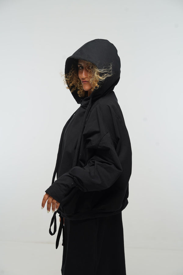 Oversized Balloon Hoodie with Zip in Black
