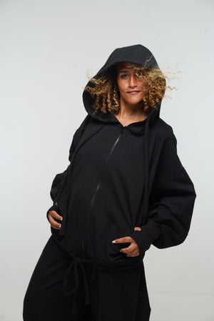 Oversized Balloon Hoodie with Zip in Black