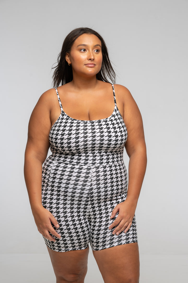 Scoop Vest Playsuit with pockets in Houndstooth Print