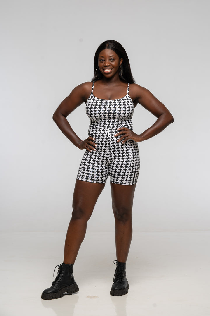 Scoop Vest Playsuit with pockets in Houndstooth Print