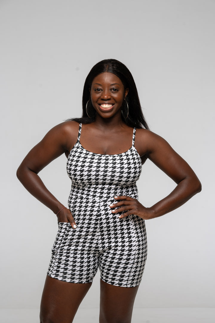 Scoop Vest Playsuit with pockets in Houndstooth Print