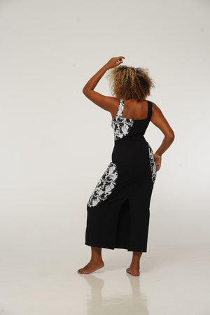 Square Neck Abstract Dress Midi in Black/Sisterhood