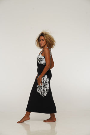 Square Neck Abstract Dress Midi in Black/Sisterhood