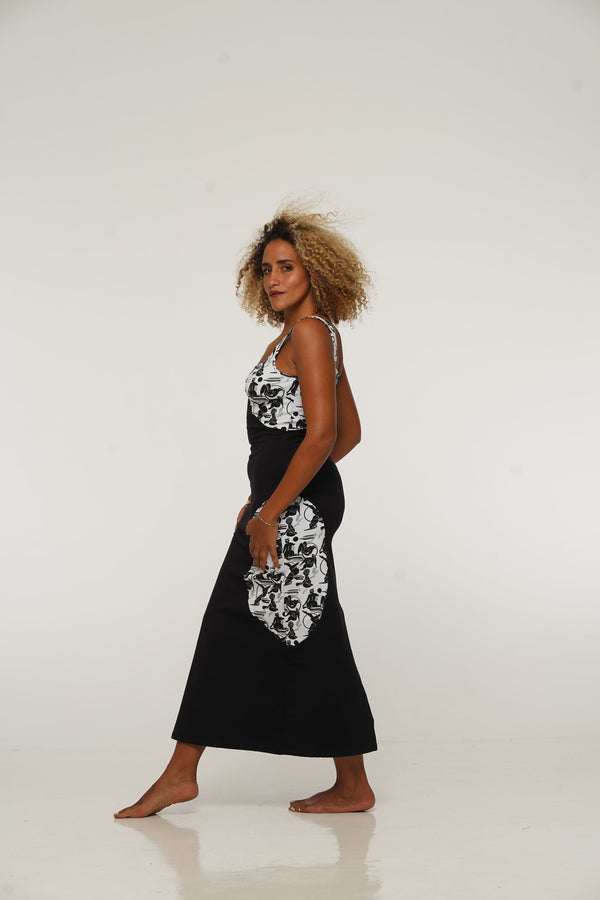 Square Neck Abstract Dress Midi in Black/Sisterhood