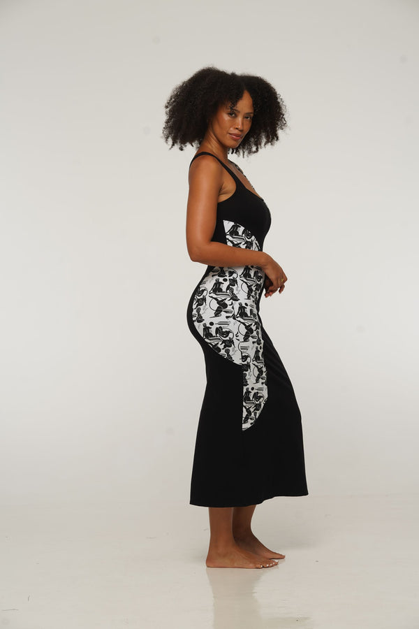 Square Neck Abstract Dress Midi in Black/Sisterhood