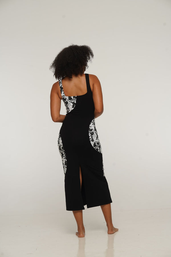 Square Neck Abstract Dress Midi in Black/Sisterhood
