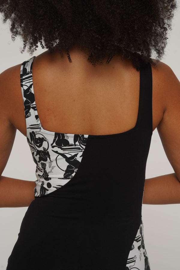 Square Neck Abstract Dress Midi in Black/Sisterhood