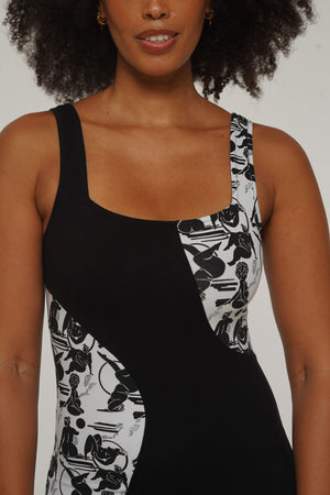 Square Neck Abstract Dress Midi in Black/Sisterhood