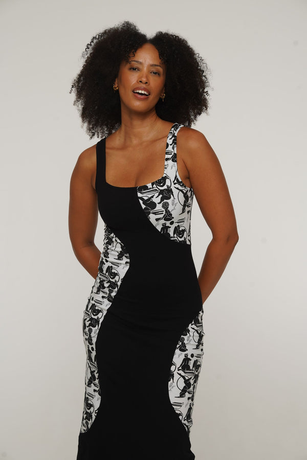 Square Neck Abstract Dress Midi in Black/Sisterhood
