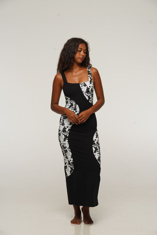 Square Neck Abstract Dress Midi in Black/Sisterhood