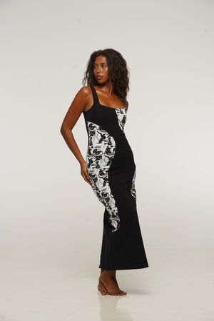 Square Neck Abstract Dress Midi in Black/Sisterhood