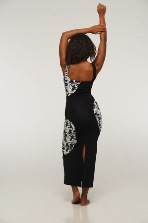 Square Neck Abstract Dress Midi in Black/Sisterhood