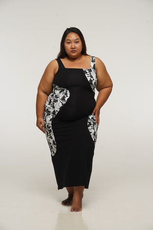 Square Neck Abstract Dress Midi in Black/Sisterhood