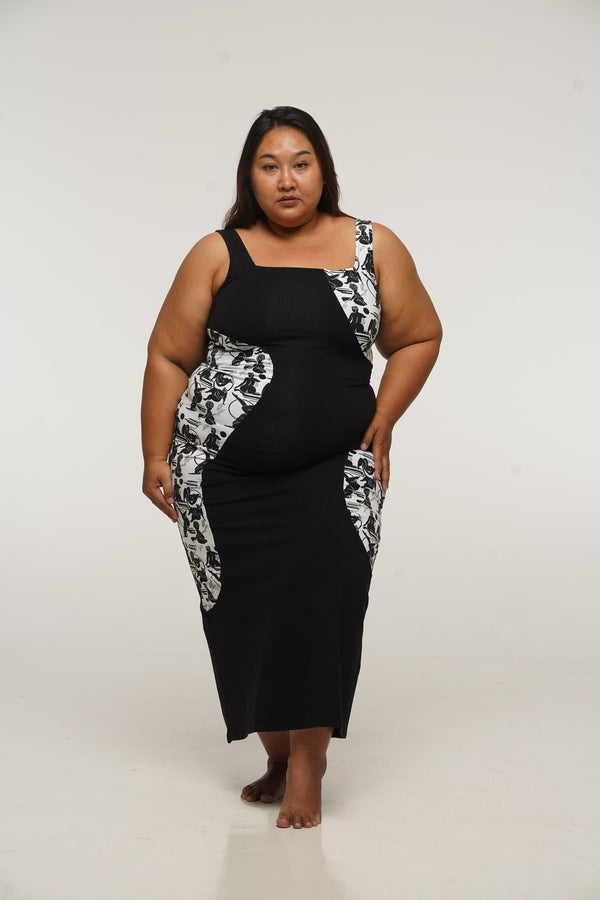 Square Neck Abstract Dress Midi in Black/Sisterhood