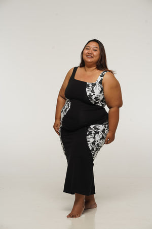 Square Neck Abstract Dress Midi in Black/Sisterhood