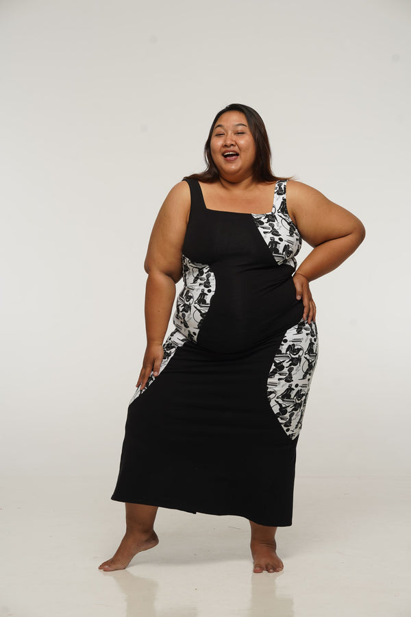 Square Neck Abstract Dress Midi in Black/Sisterhood