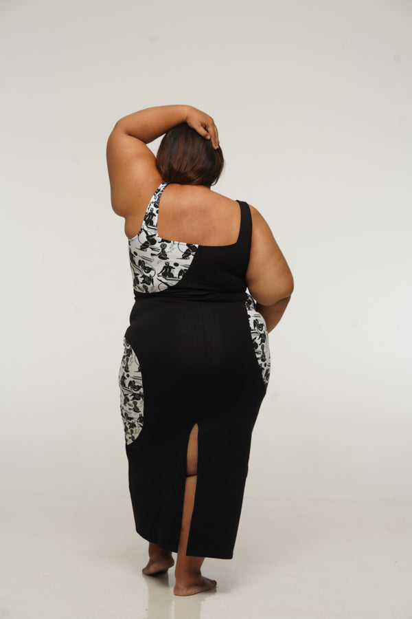 Square Neck Abstract Dress Midi in Black/Sisterhood