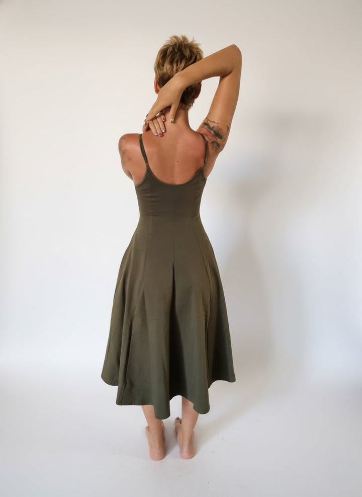 Asri Midi Dress Petite in Khaki Green - Limited Addition - Manners London