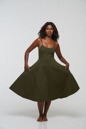 Asri Midi Dress Petite in Khaki Green - Limited Addition - Manners London
